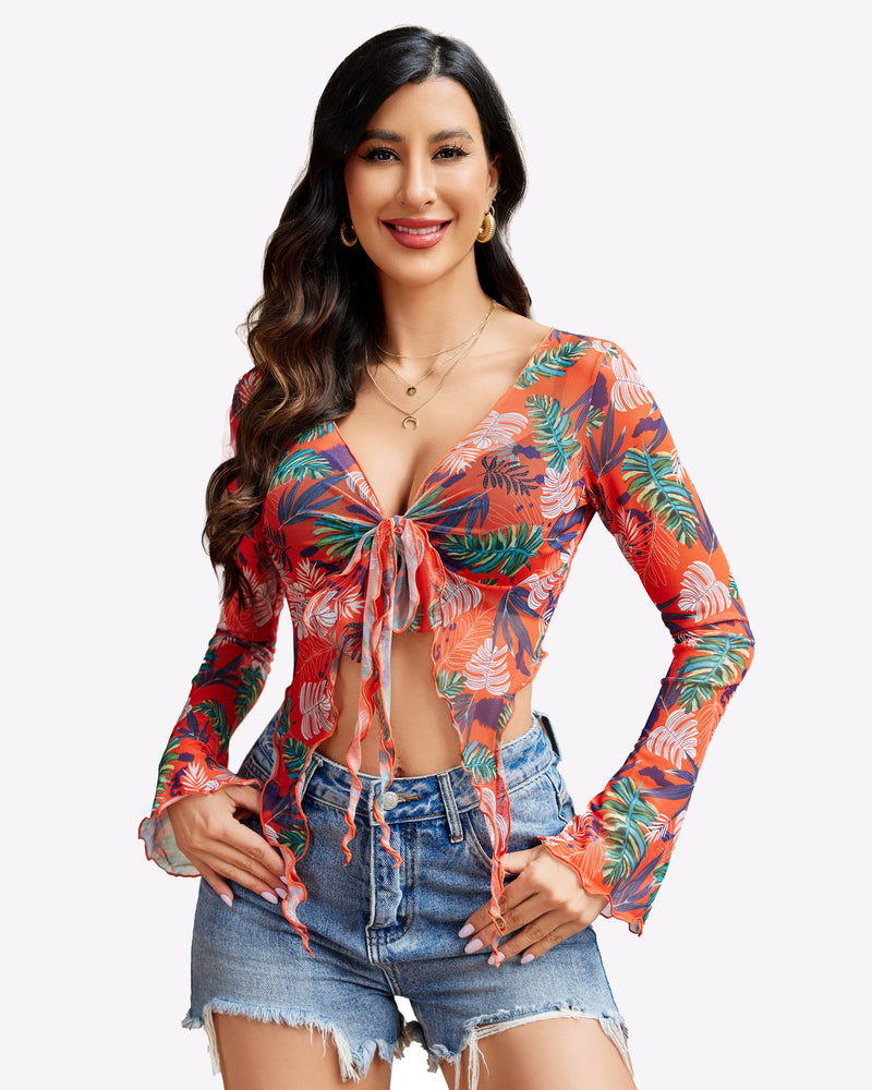 Y2K floral mesh crop top, tie front and long sleeves. Paired with denim shorts. Sexy lingerie.