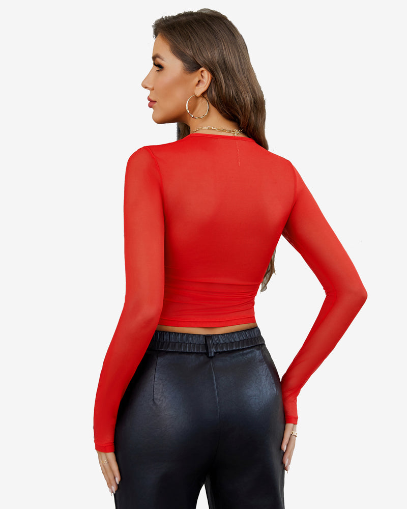 Red sheer mesh long sleeve crop top with thumb holes, perfect for parties and nightclubs.