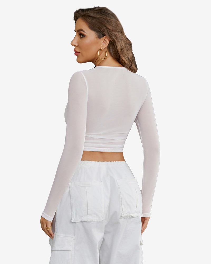 White sheer mesh long sleeve crop top, party wear, perfect for parties and nightclubs, Avidlove.