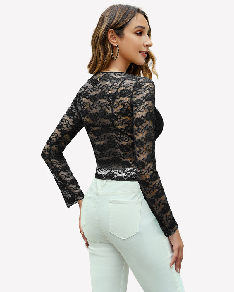 Black mesh long sleeve blouse with floral lace, a sheer and sexy lingerie top for women