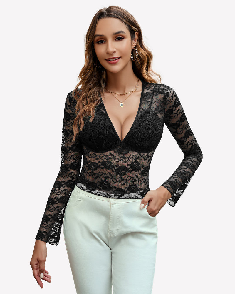 Black Mesh Long Sleeve Blouse Floral Lace Top, Sheer and Sexy Lingerie Top