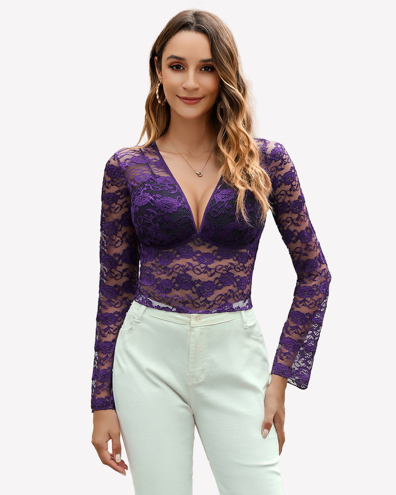 Purple floral lace long sleeve blouse with deep V-neck, sheer and sexy top for women