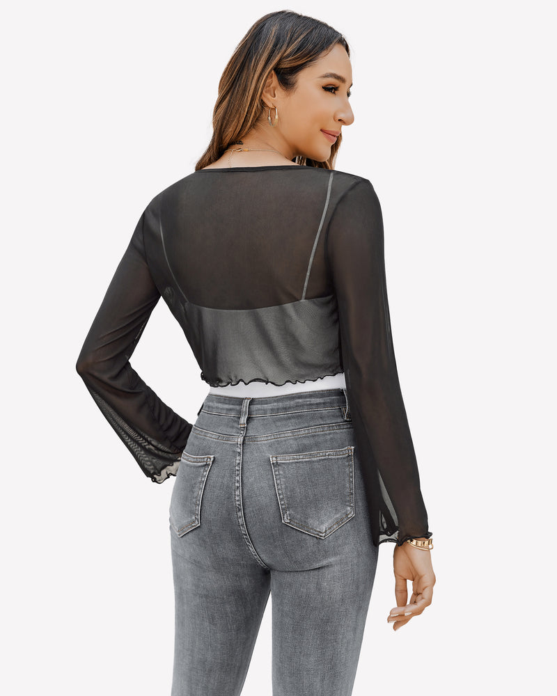 Black sheer shrug with bell sleeves and tie front, a versatile mesh shawl top for women