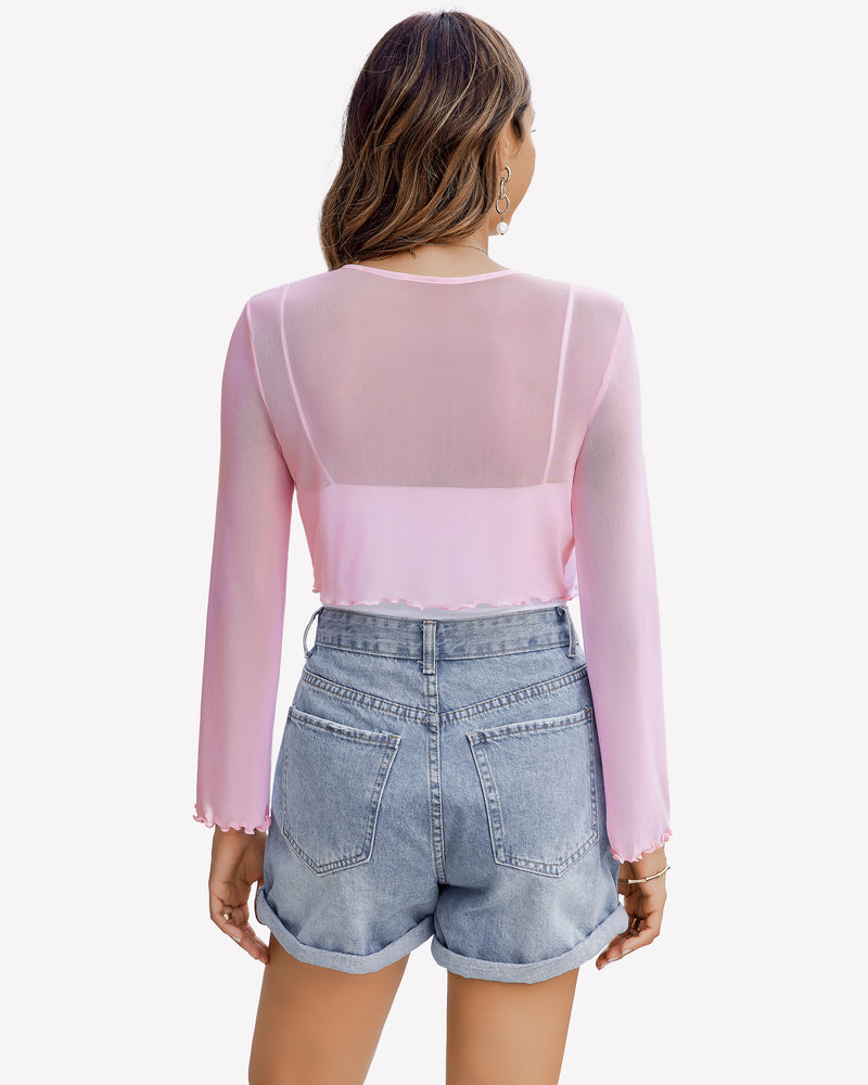 Pink sheer shrug with bell sleeves and tie front, a versatile mesh shawl top