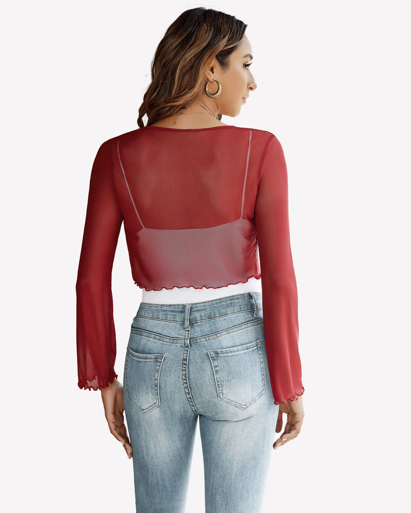 Burgundy sheer mesh shrug with bell sleeves, mesh shawl top, paired with jeans