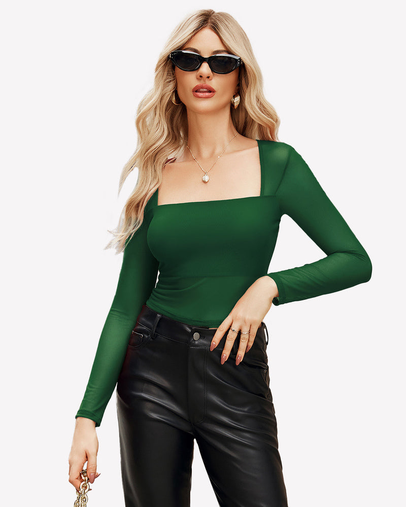 Green square neck sheer blouse with mesh long sleeve and black leather pants. Sexy outfit for women.