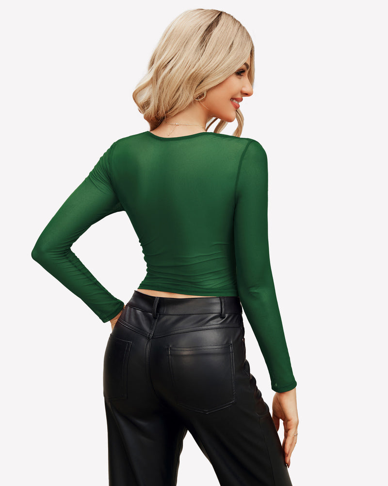 Green square neck mesh long sleeve blouse with black leather pants, stylish outfit for women.