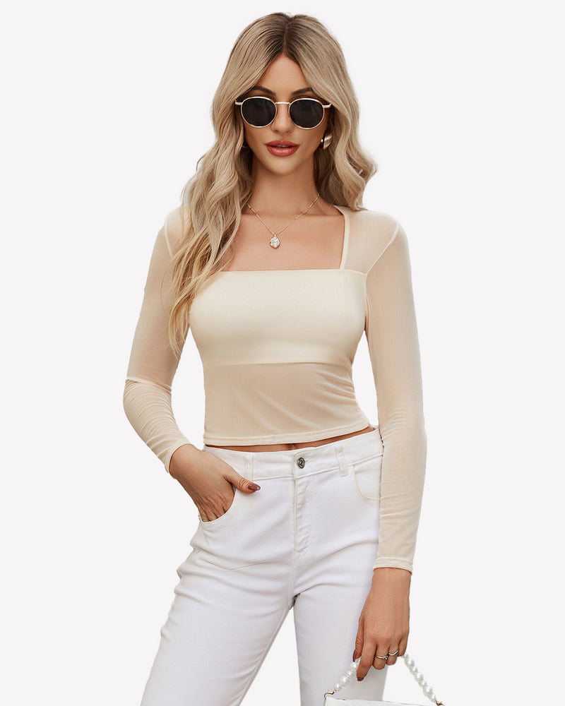 Square neck sheer blouse with lining, mesh long sleeve top, sexy outfit for women