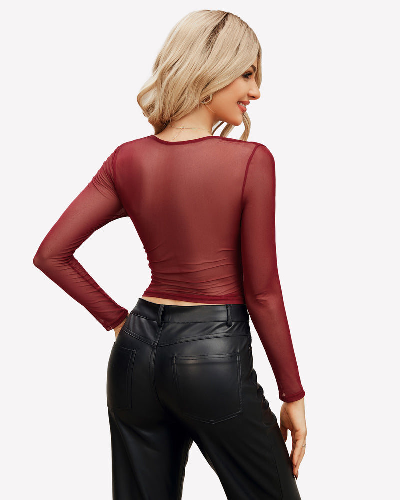 Burgundy square neck mesh blouse with black leather pants, sexy outfit for women. Avidlove