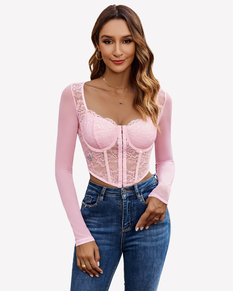 Pink lace crop top with long sleeves and blue jeans - Sexy lingerie