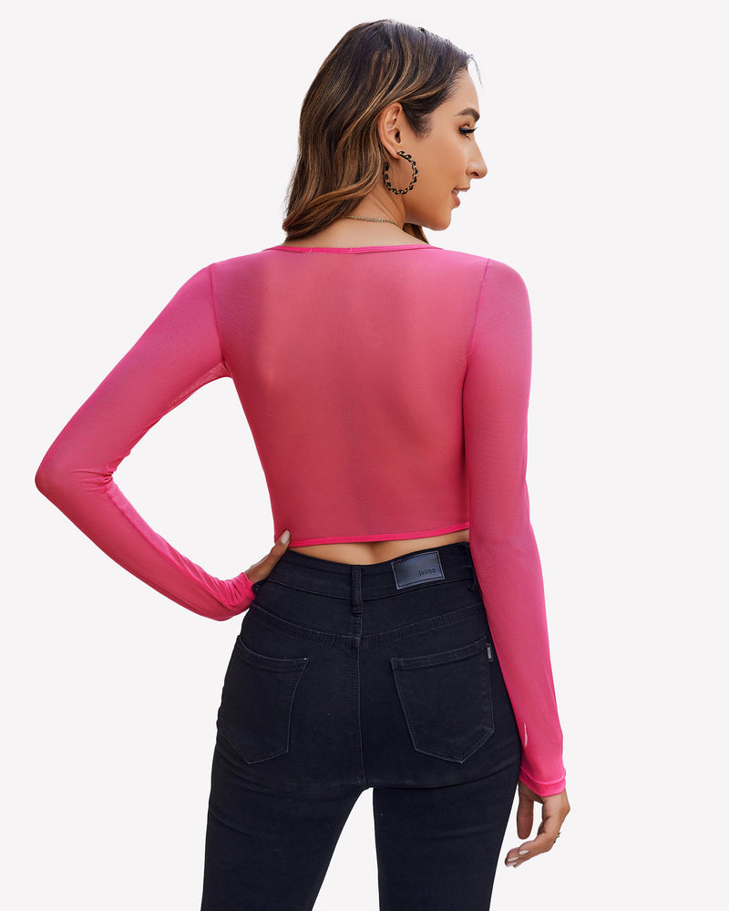 Pink sheer long sleeve crop top with black jeans - Sexy and comfortable outfit