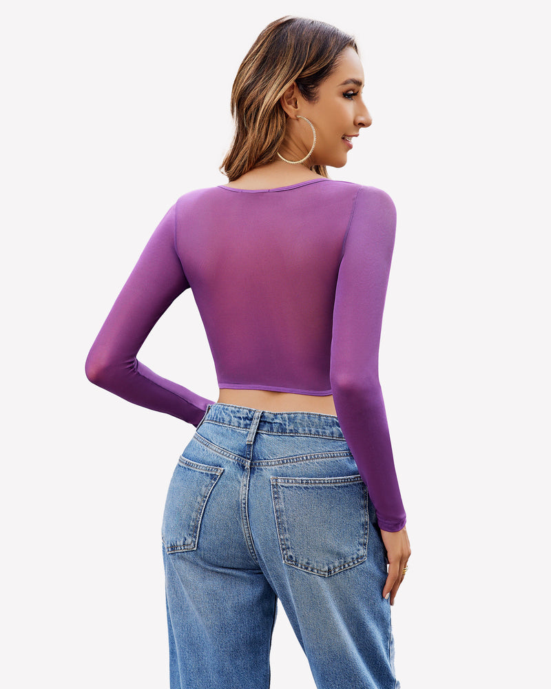 Purple sheer long sleeve crop top and blue jeans - Sexy and comfortable outfit. Avidlove lingerie.