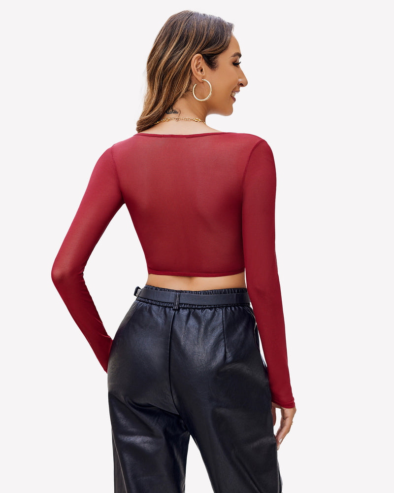 Burgundy sheer crop top with black leather pants. Sexy and comfortable lingerie for women.