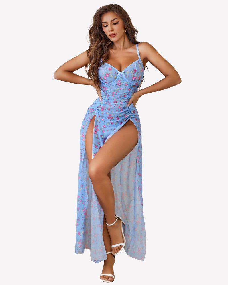 Light blue mesh floral slit pleated dress with underwire and adjustable straps, feminine design
