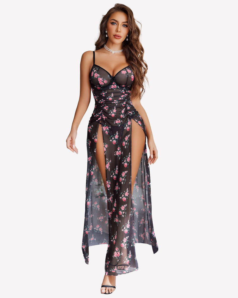 Black mesh floral dress with high slits and underwire, perfect for a feminine and alluring look