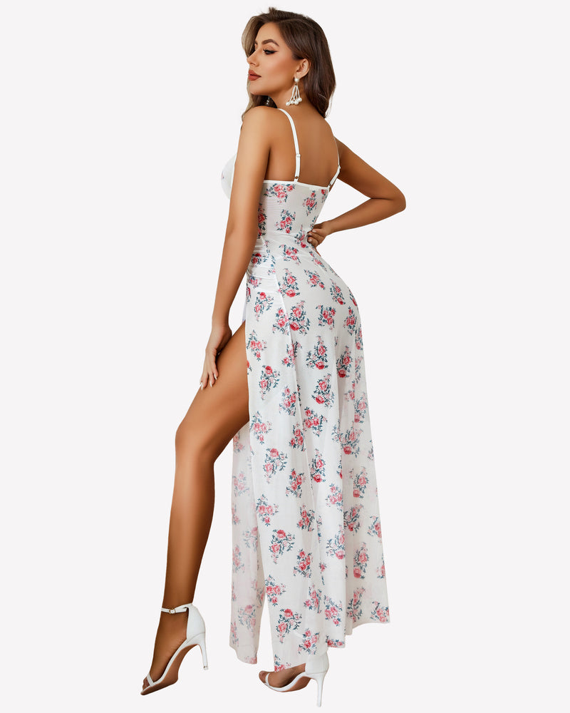 White mesh floral slit pleated dress with underwire and high slits, feminine design