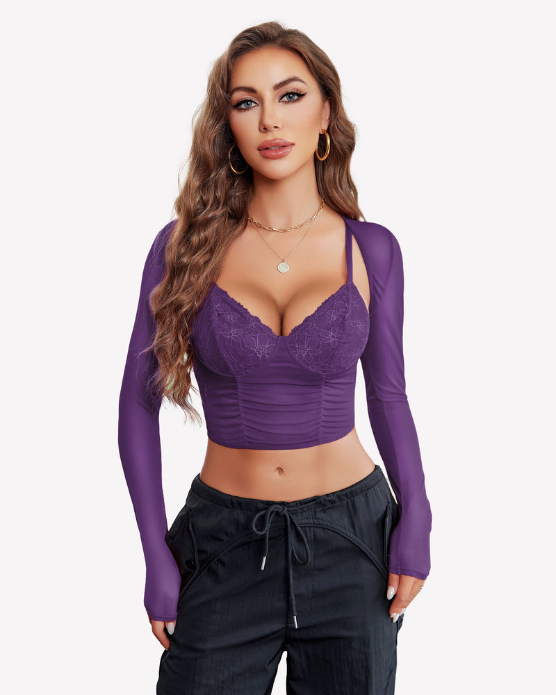 Purple mesh crop top and shrug set with lace bustier, sexy lingerie