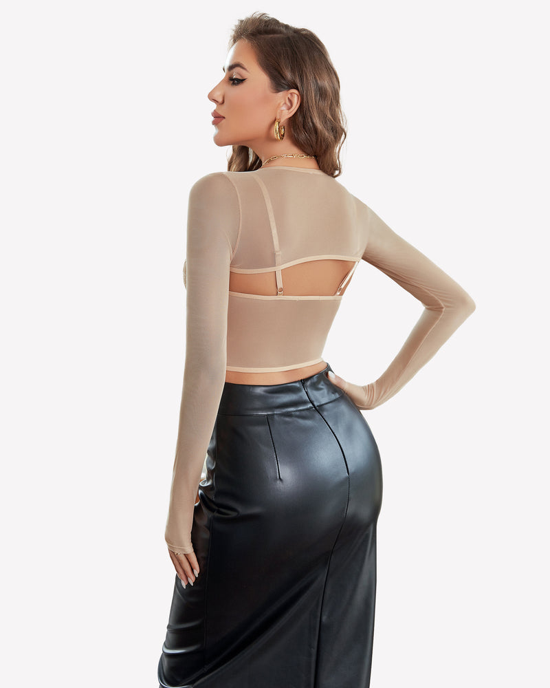 Beige mesh crop top and shrug set with black leather skirt, sexy lingerie for women
