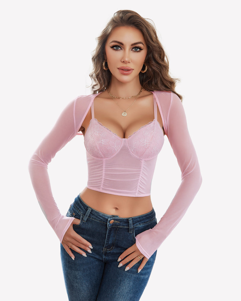 Pink mesh crop top and shrug set with lace bustier, sexy lingerie for women
