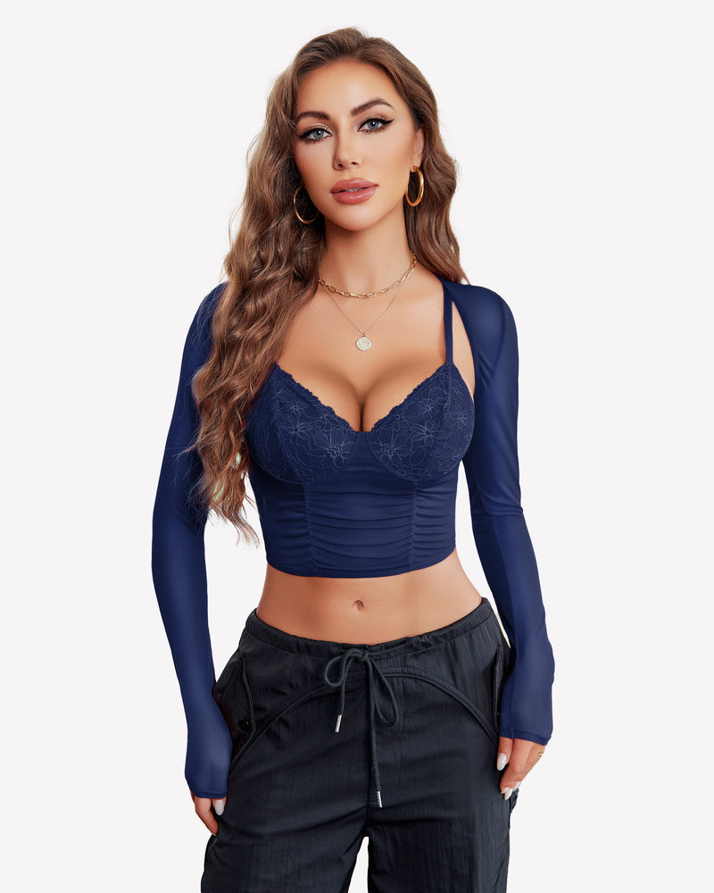 Navy blue mesh crop top and shrug set with lace bustier, sexy lingerie for women