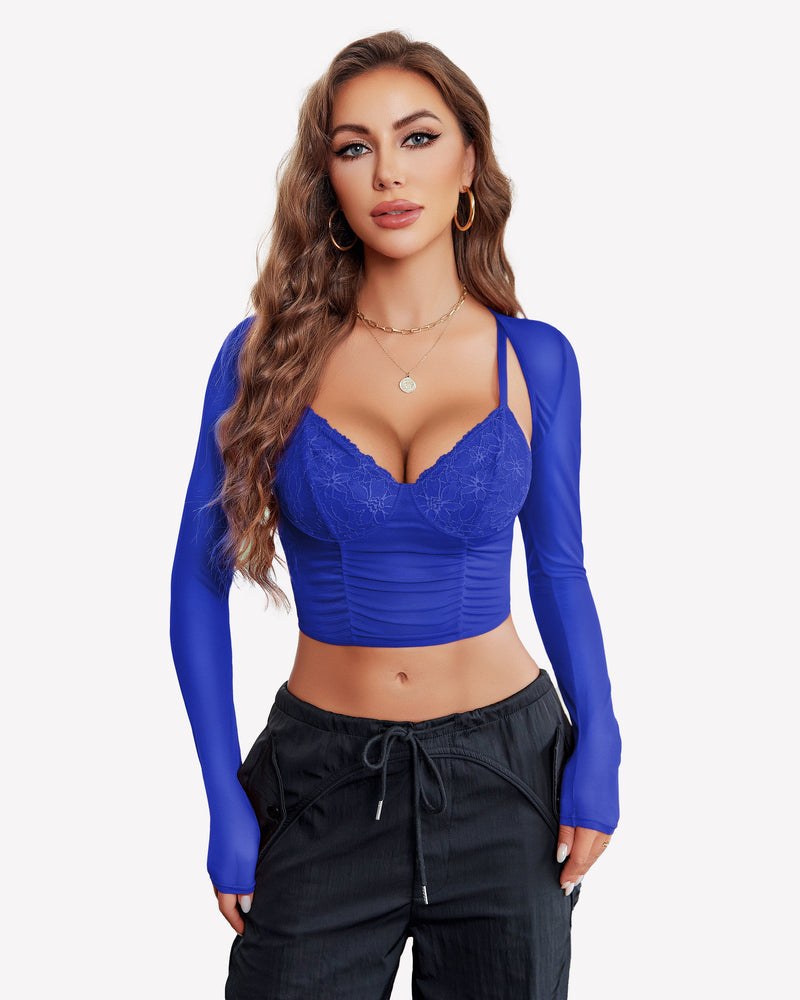 Blue mesh crop top and shrug set with lace bustier, sexy lingerie for women, Avidlove