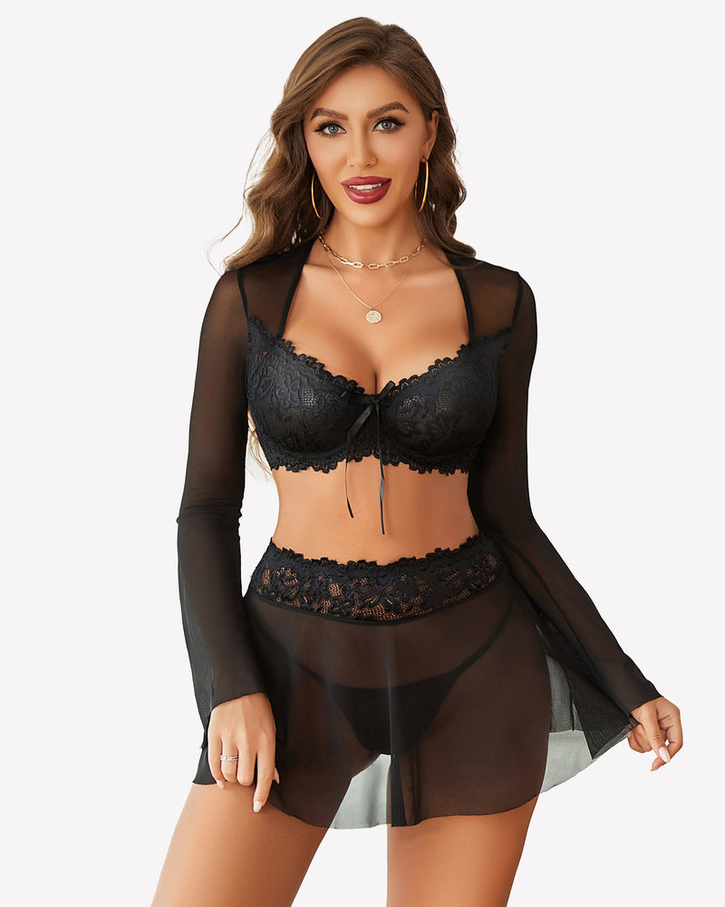 Black lace lingerie set with sheer sleeves. Sexy lingerie set for Valentine's Day.