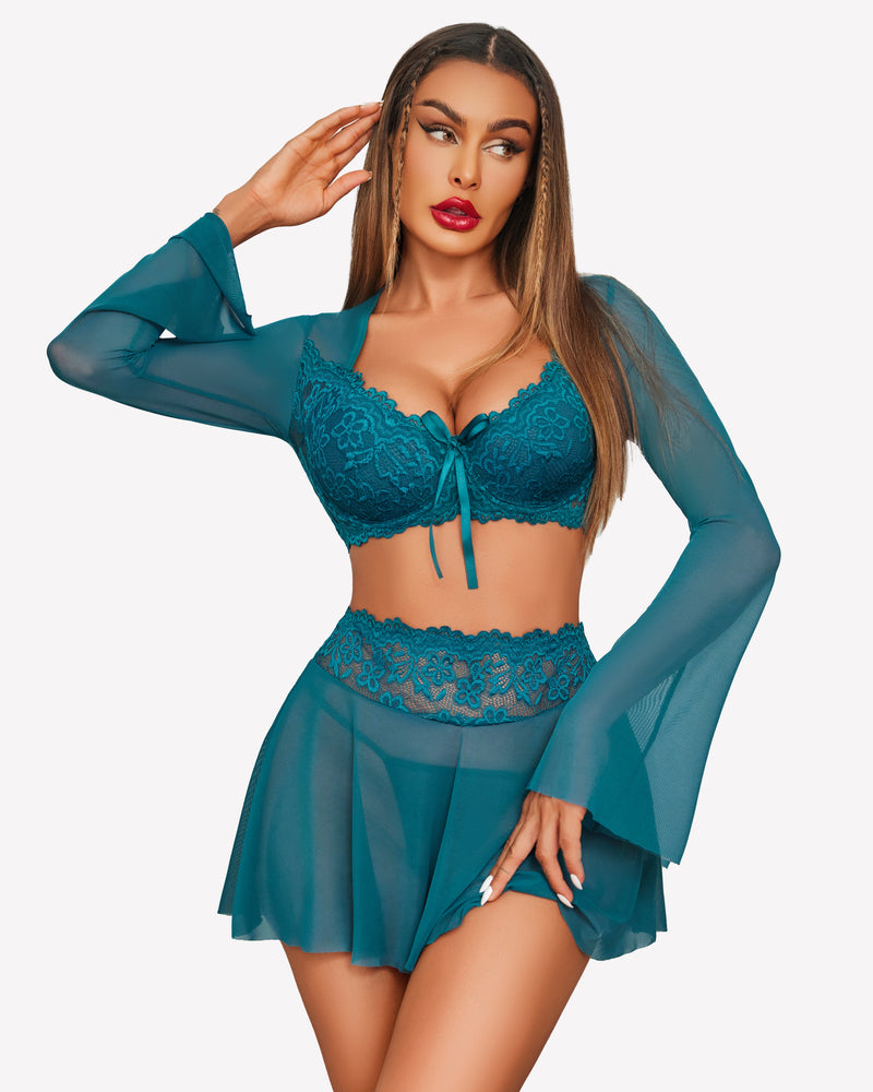 Teal contrast lace mesh lingerie set with bell sleeves. Sexy lingerie for Valentine's Day.