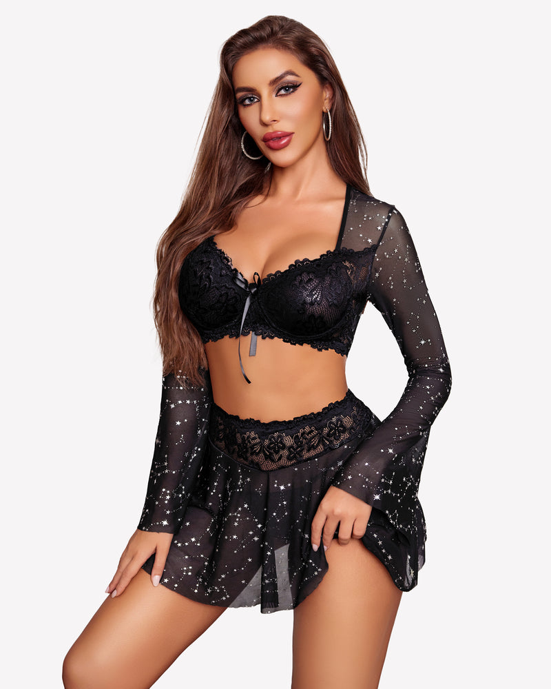 Black lace lingerie set with sheer sleeves and star pattern. Sexy Valentine's Day lingerie set.
