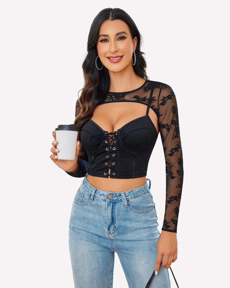 Black lace cami top with shrug, corset design, long sleeves, perfect for sexy lingerie