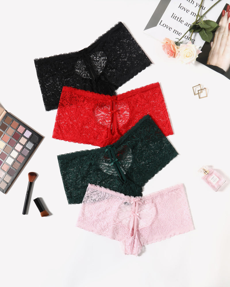 Avidlove Lace BoyShorts panties in black, red, green, and pink, heart design, bow accent