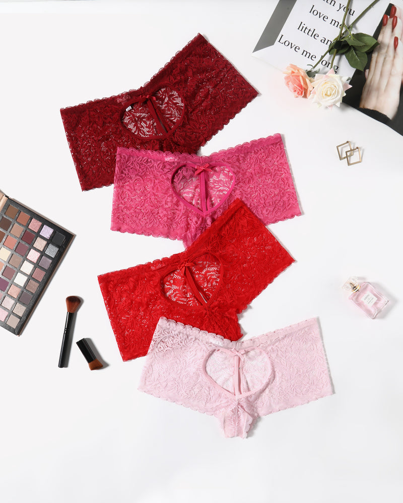 Avidlove Lace BoyShorts panties in red, pink, burgundy, and light pink, heart design, bow accent