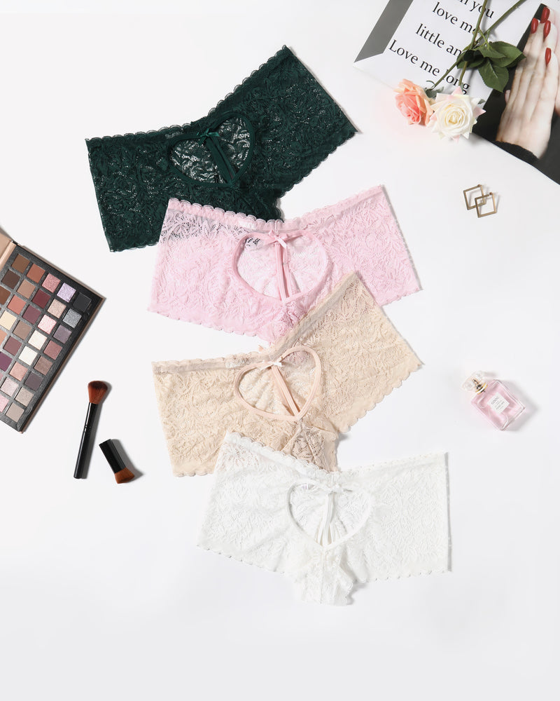 Lace BoyShorts panties in green, pink, beige, and white, heart design, bow accent, no-line look
