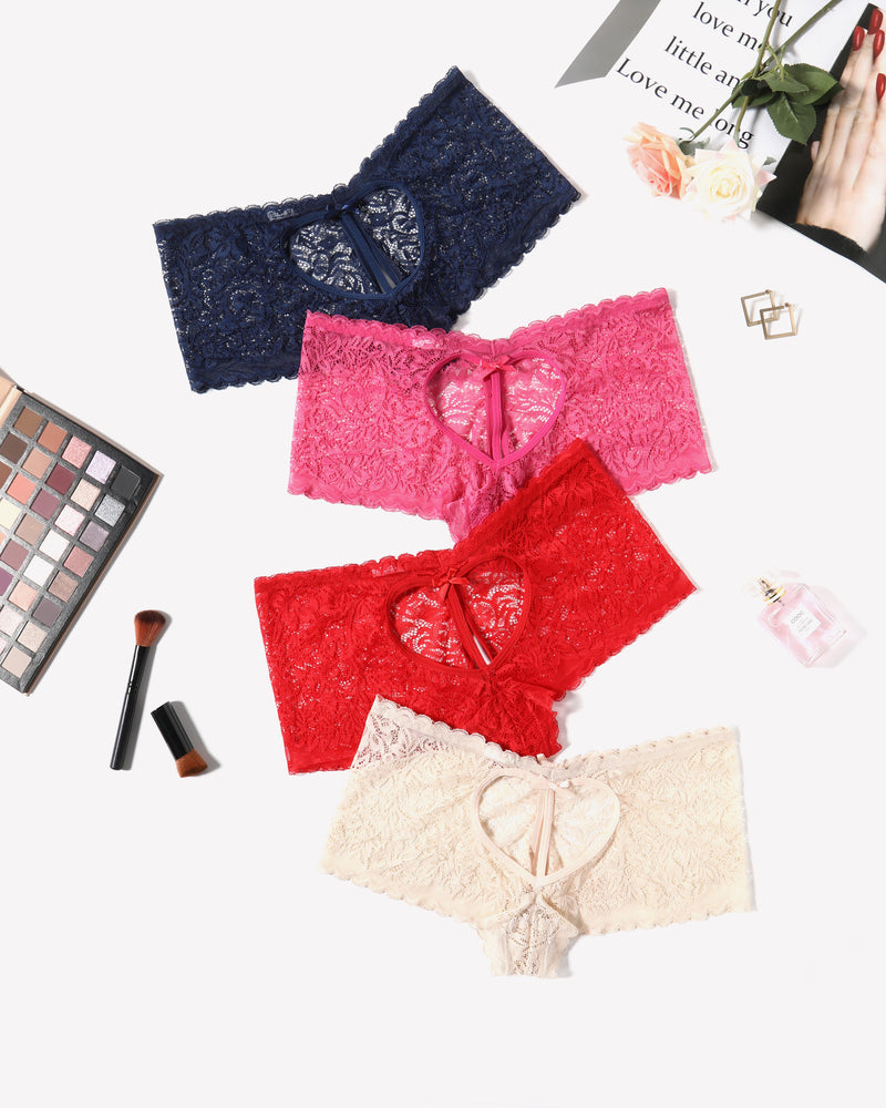 Avidlove Lace BoyShorts panties in navy, pink, red, and beige with heart design and bow accent