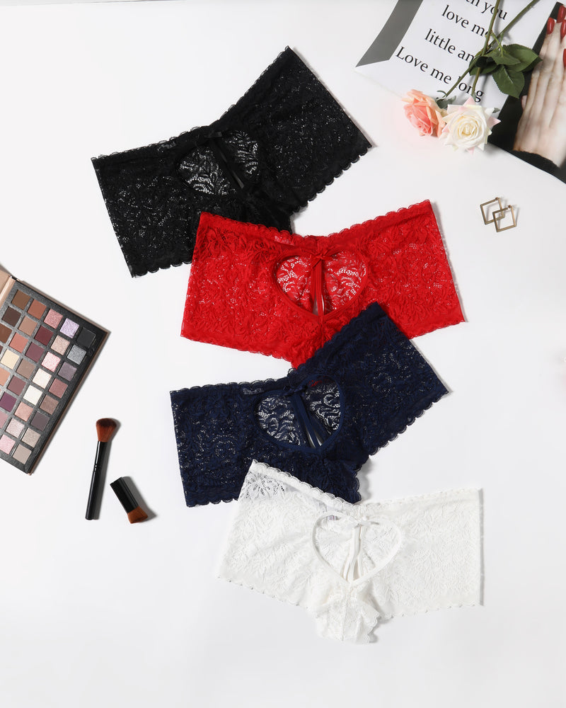 Lace boy shorts panties in black, red, navy, and white with heart design and bow accent