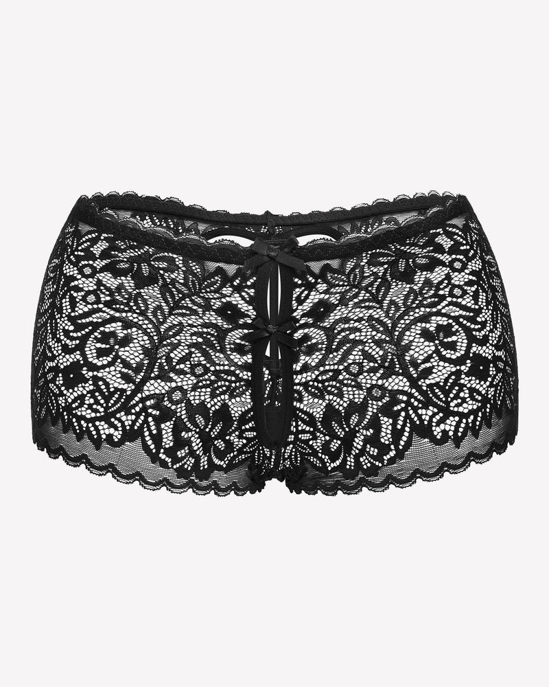 Black lace boy shorts with heart-shaped hollow design and bow accent, mid-waist panties