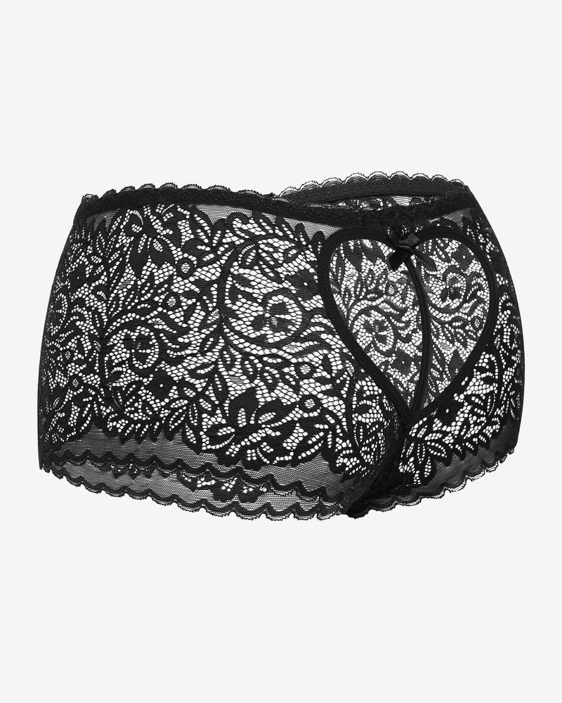 Black lace boy shorts panties with heart-shaped hollow design, mid-waist, and exquisite bow accent