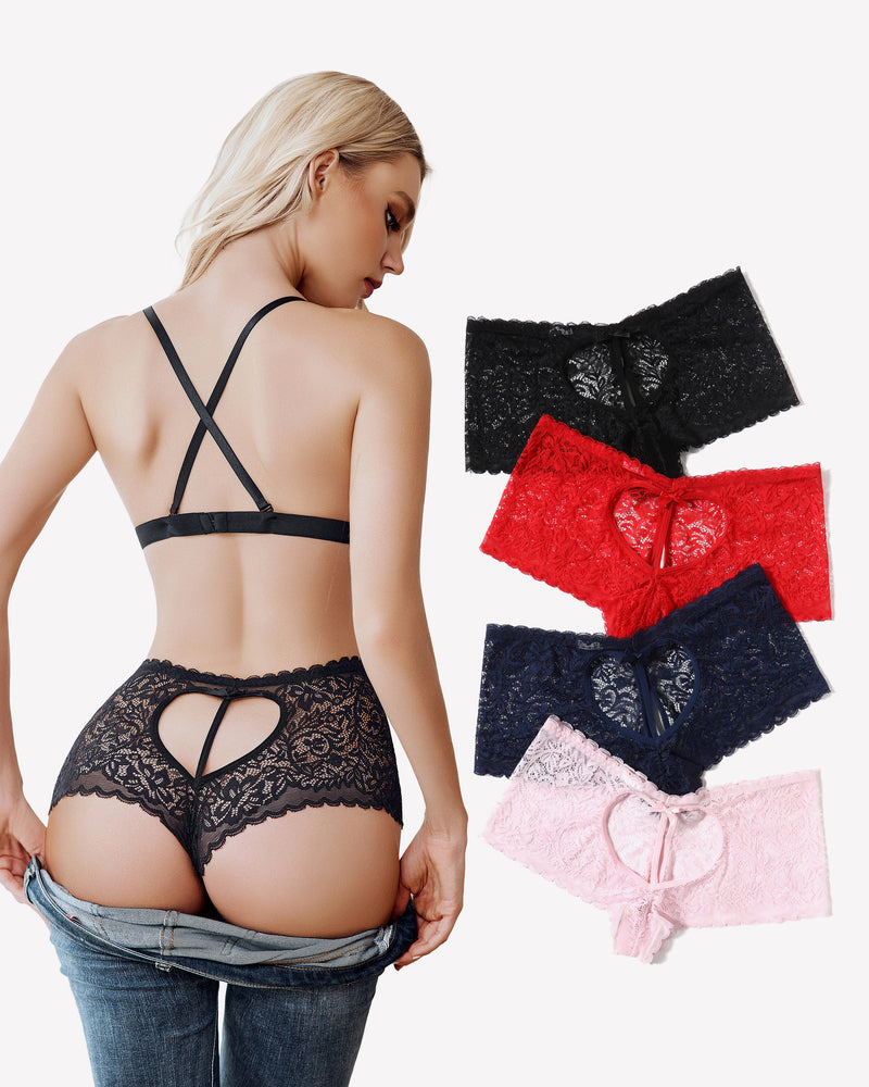 Black lace boy shorts with heart-shaped hollow design. Available in black, red, navy, and pink.