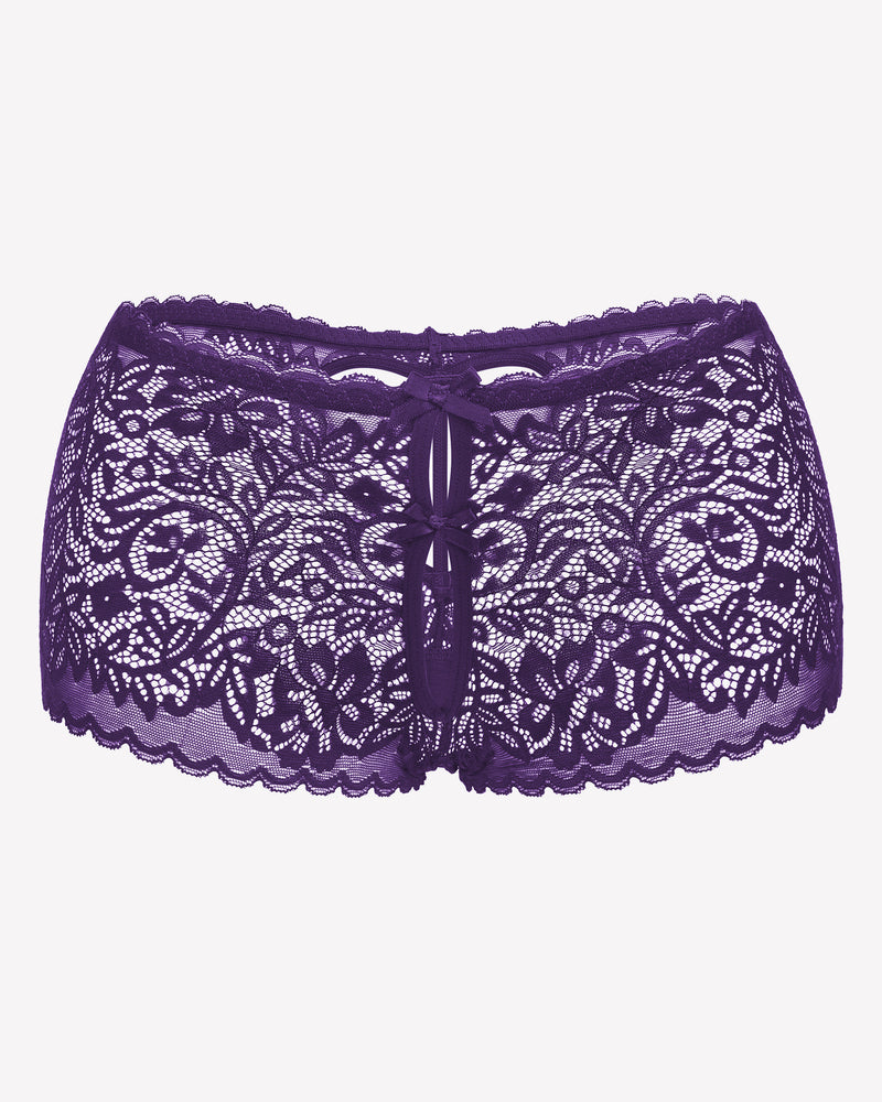 Purple lace boy shorts with bow accent. Mid-waist, soft lace panties for a no-line look.