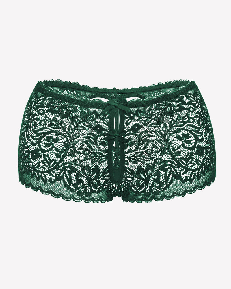Green lace boy shorts with bow accent, mid-waist panties, no-line look