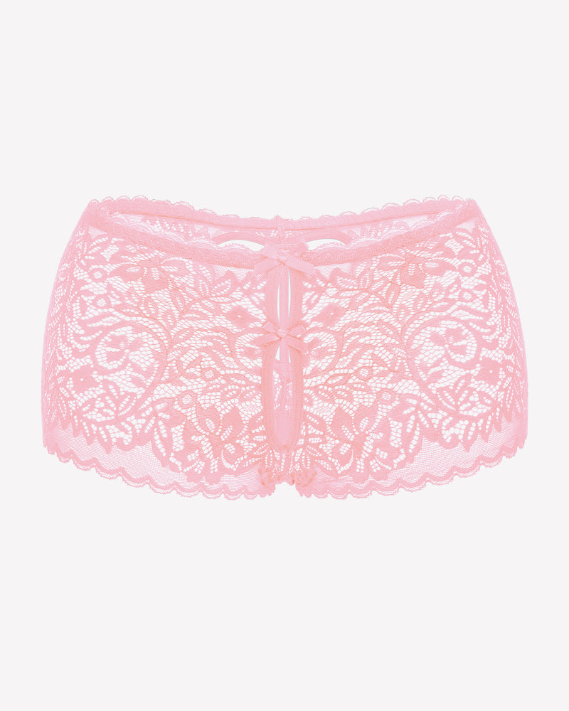Pink lace boy shorts with bow accent, mid-waist panties, soft lace for a no-line look