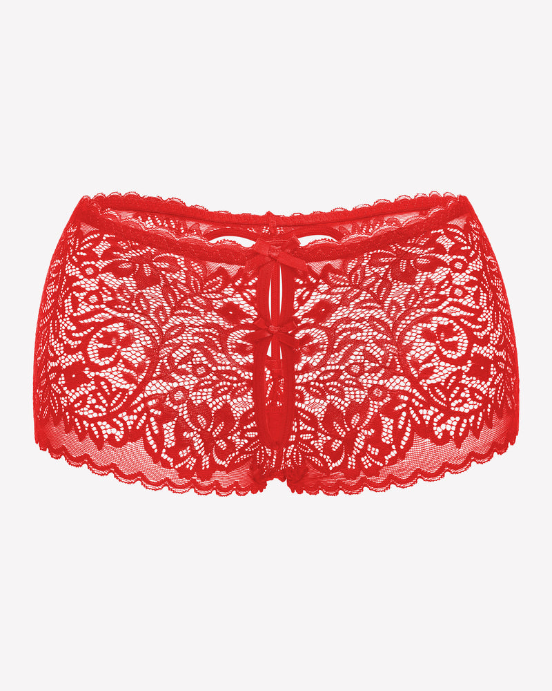 Red lace boy shorts with bow accent. Mid-waist, soft lace panties for a no-line look.