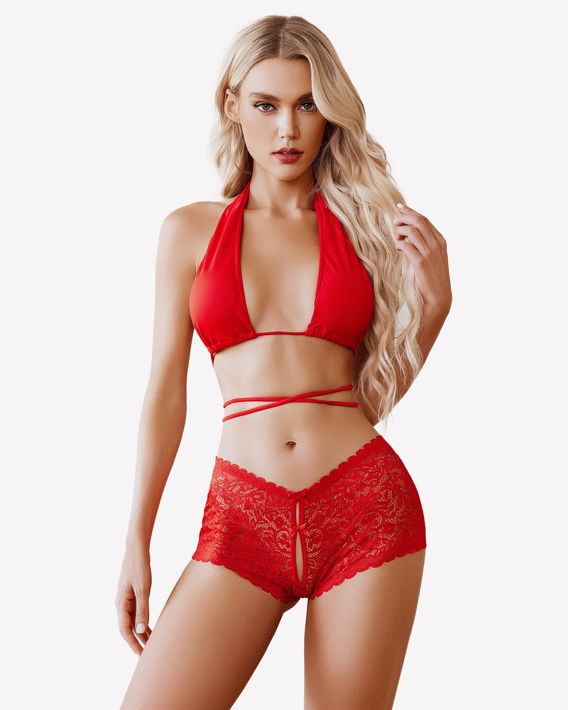Red lace boy shorts lingerie set with halter top, mid-waist panties, a sensual look