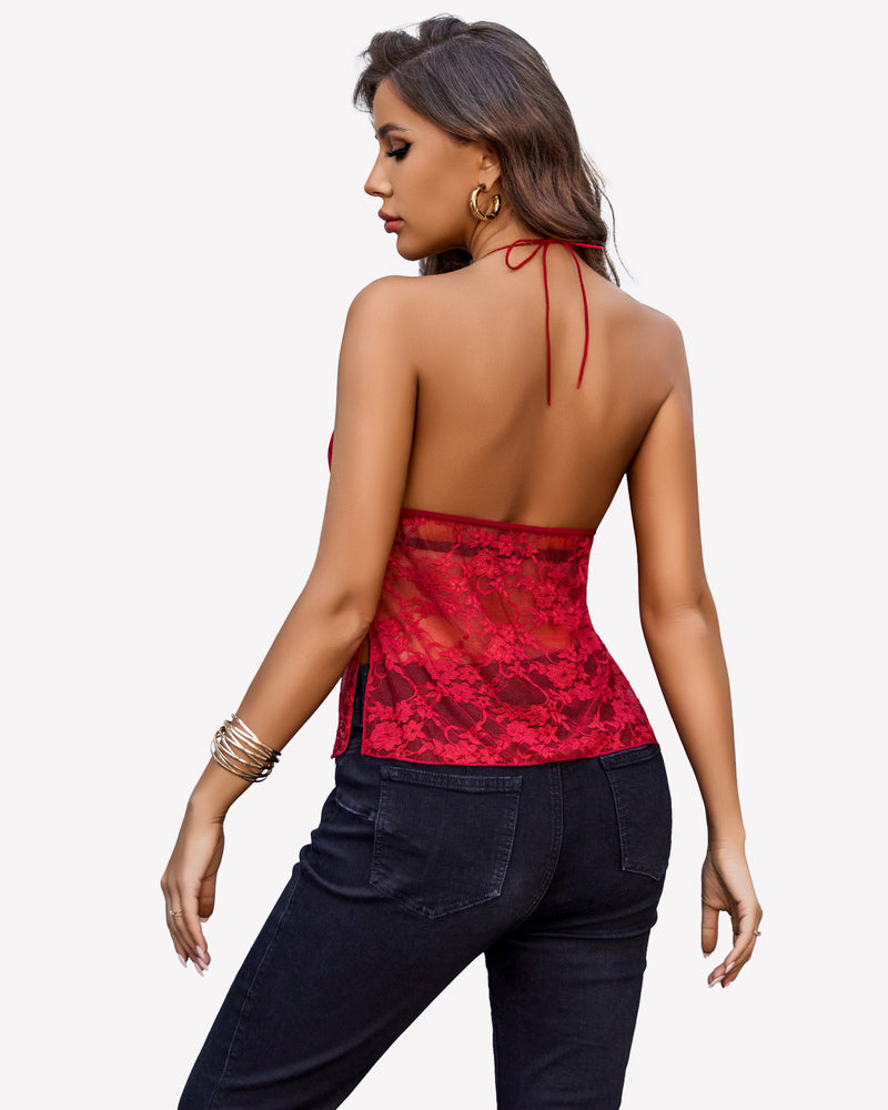 Red lace halter cami top with adjustable straps and side slits. Perfect for any occasion.
