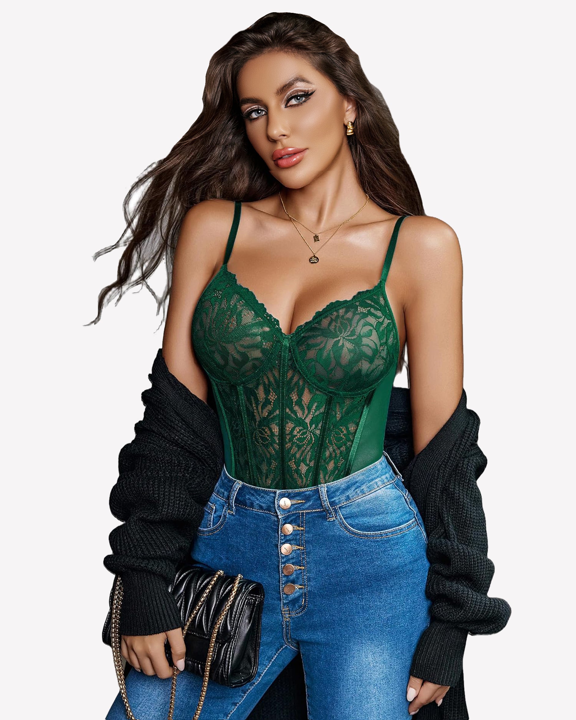 Green lace bodysuit with floral details, enhancing charm, paired with jeans and black sweater.