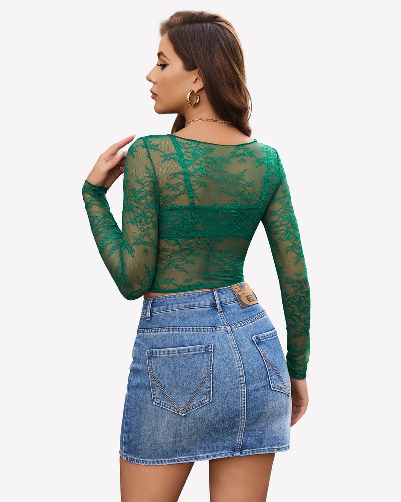 Green floral lace mesh shirt with bra and denim skirt, create a sexy and eye-catching look