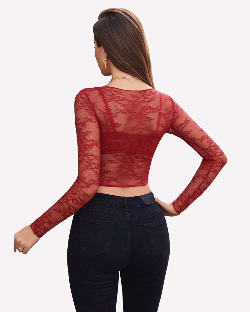 Red floral lace mesh see through shirt with bra and black jeans, sexy lingerie.