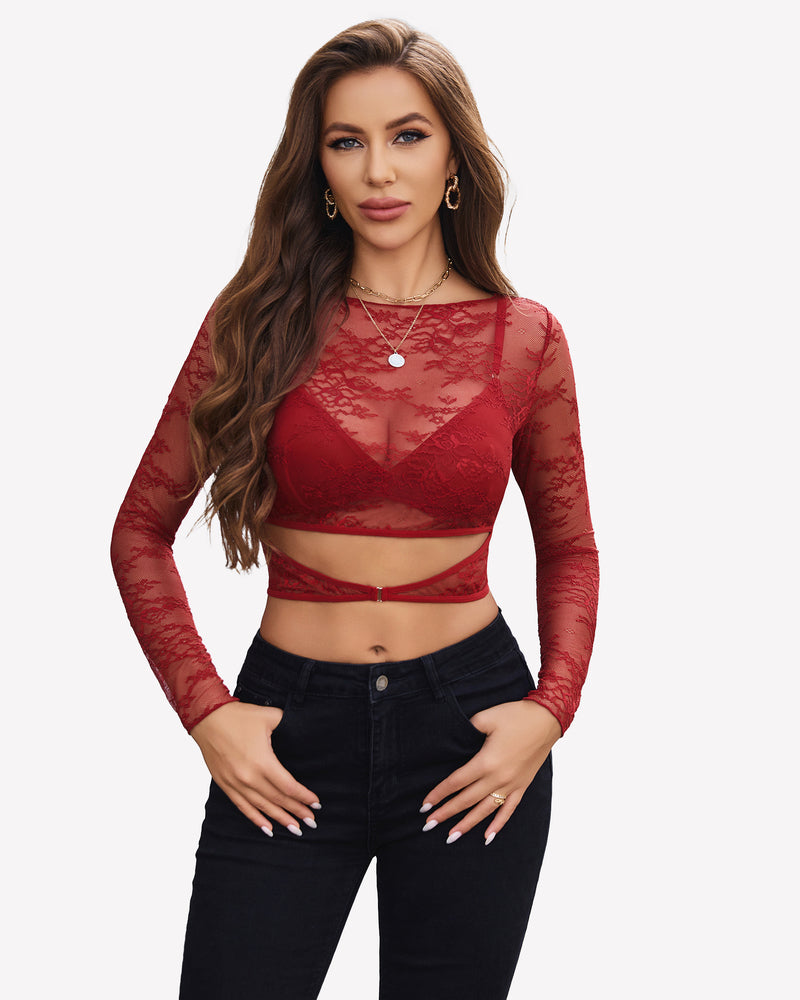 Red floral lace mesh see through shirt with bra, sexy lingerie, creating a sexy look.