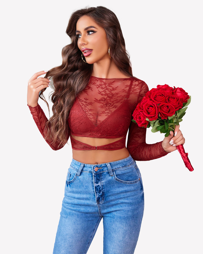 Burgundy mesh see-through shirt with bra, floral lace embroidery, and blue jeans, sexy lingerie look