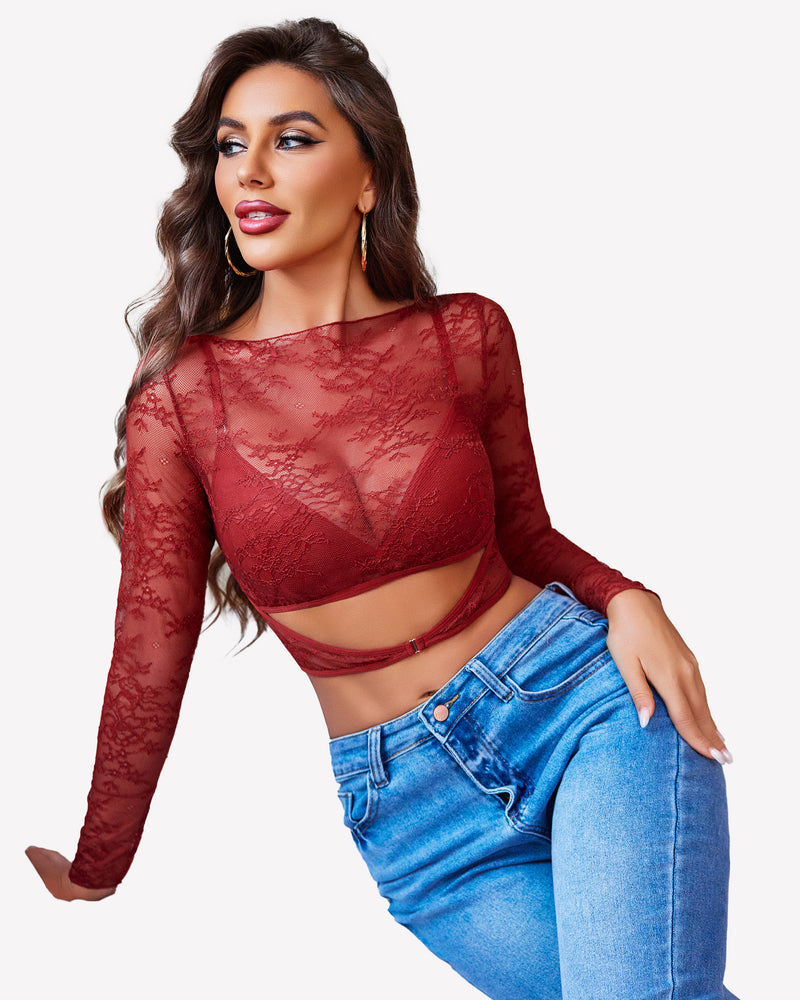 Burgundy floral lace mesh see-through shirt with bra and blue jeans, sexy lingerie look