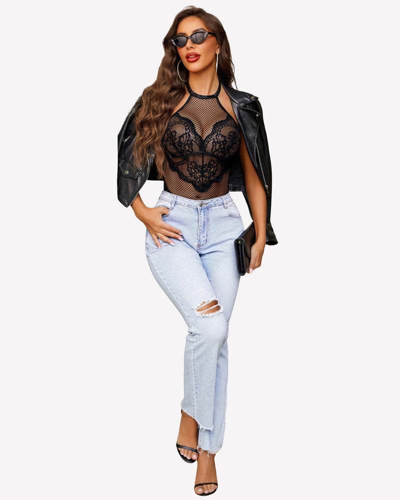 Black mesh halter teddy with lace details, paired with jeans and leather jacket